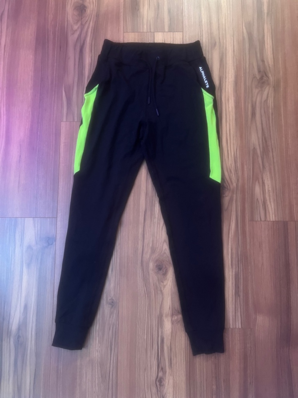 Alphalete Black Joggers with Neon Green Side Panels